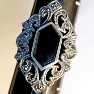 Sterling Silver Black Onyx Marcasite Ring Cocktail Statement 925 Size 8